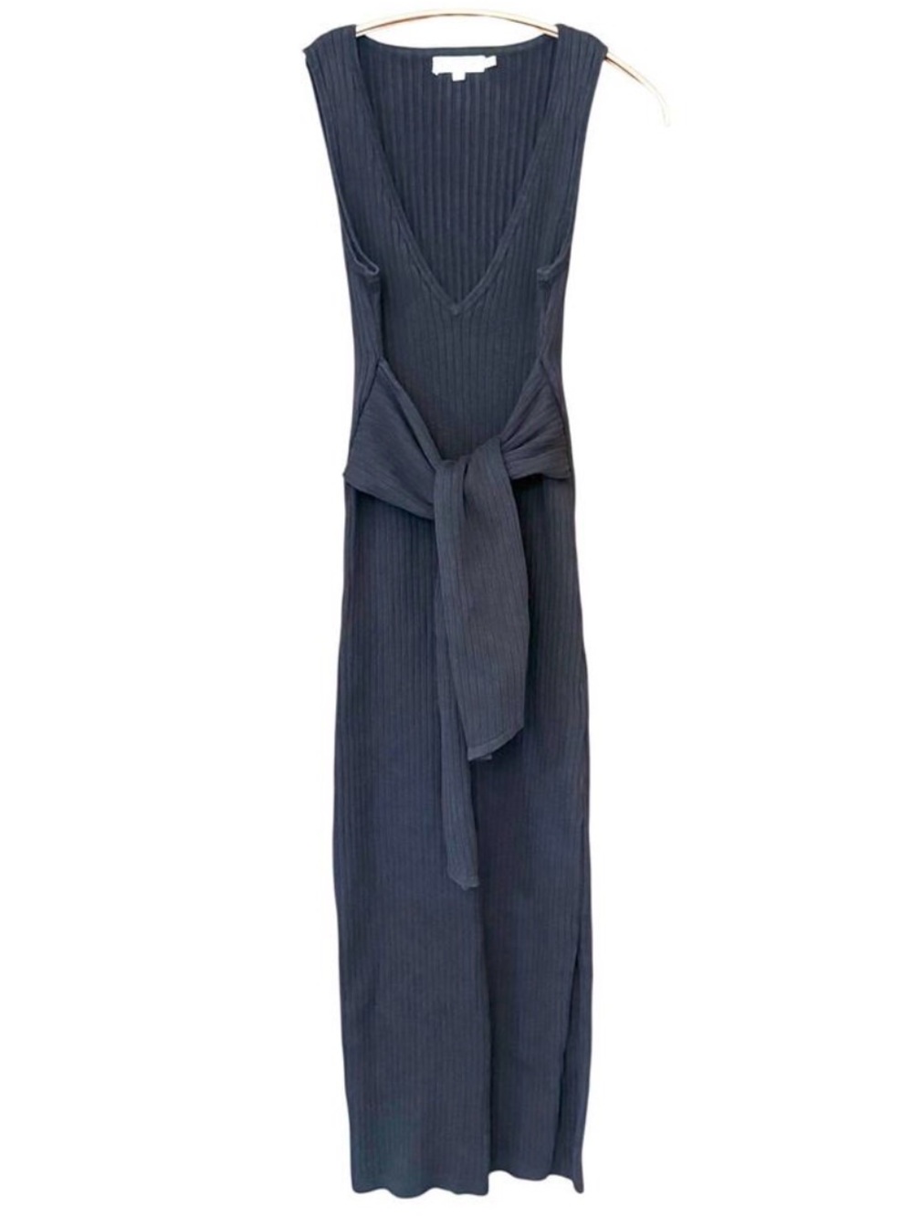 Good American Black Rib Knit Midi Dress Tie Waist Sleeveless Slit Size 0